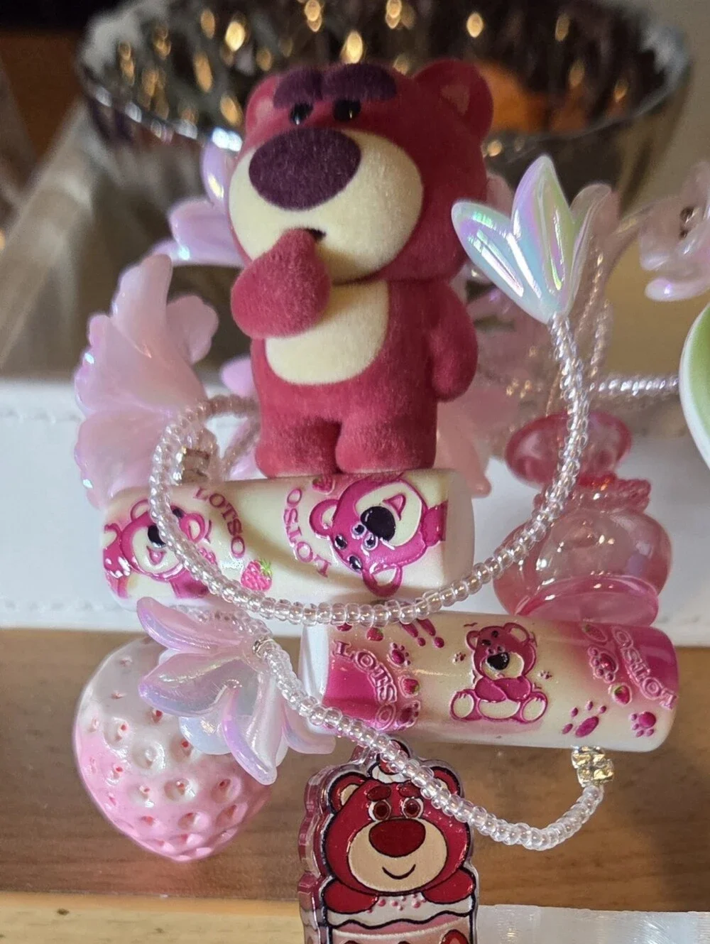 Lotus Pink Bear Charm Pen — Cute Plush Topper for All Ages